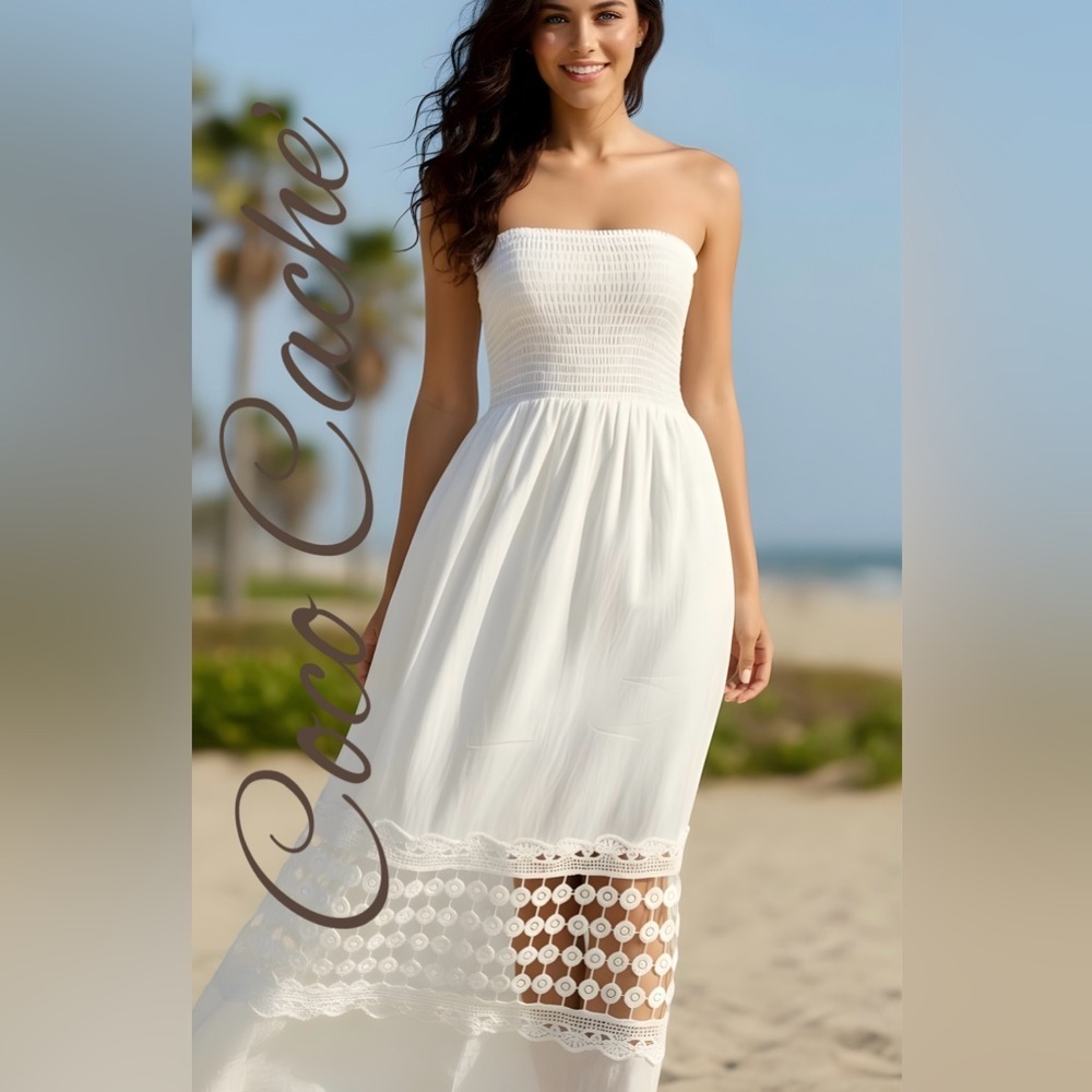 Classy White Strapless Smocked Top Crochet Beach Casual Dress Swimsuit Coverup
